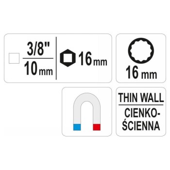 YATO Vékonyfalú gyertyakulcs 3/8' 16 mm (YT-38511)