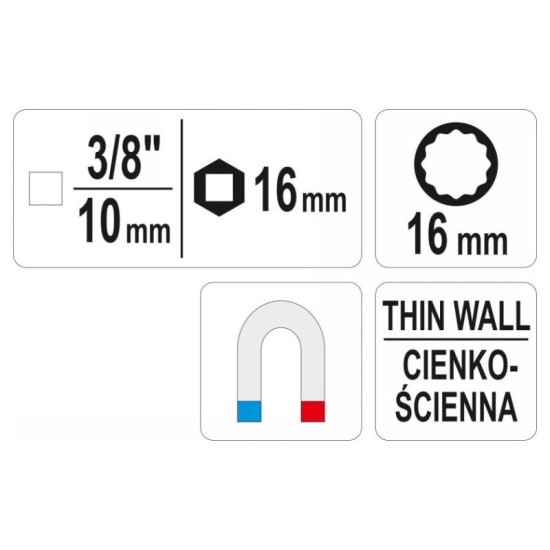 YATO Vékonyfalú gyertyakulcs 3/8' 16 mm (YT-38511) YATO Vékonyfalú gyertyakulcs 3/8' 16 mm (YT-38511)