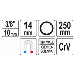 YATO Gyertyakulcs extra hosszú 3/8' 14 mm / 250 mm mágneses CrV (YT-38521) YATO Gyertyakulcs extra hosszú 3/8' 14 mm / 250 mm mágneses CrV (YT-38521)