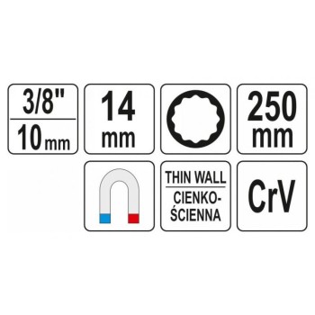YATO Gyertyakulcs extra hosszú 3/8' 14 mm / 250 mm mágneses CrV (YT-38521)
