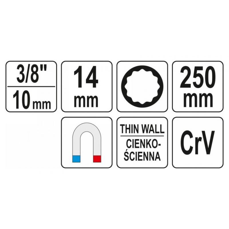 YATO Gyertyakulcs extra hosszú 3/8' 14 mm / 250 mm mágneses CrV (YT-38521)