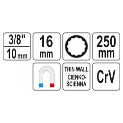 YATO Gyertyakulcs extra hosszú 3/8' 16 mm / 250 mm mágneses CrV (YT-38522) YATO Gyertyakulcs extra hosszú 3/8' 16 mm / 250 mm mágneses CrV (YT-38522)