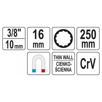 YATO Gyertyakulcs extra hosszú 3/8' 16 mm / 250 mm mágneses CrV (YT-38522)