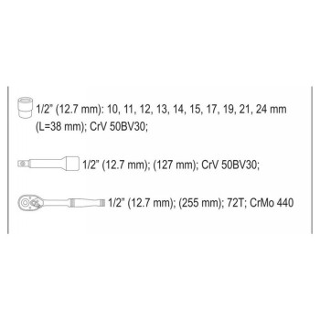 YATO Dugókulcs készlet 12 részes 1/2' 10-24 mm CrV (YT-38671)