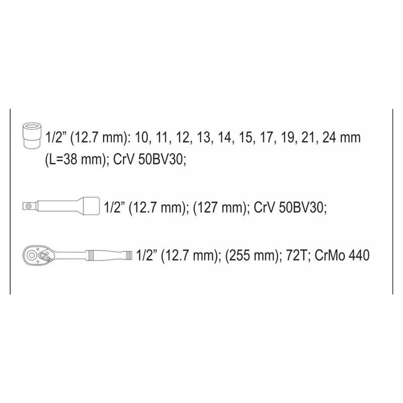 YATO Dugókulcs készlet 12 részes 1/2' 10-24 mm CrV (YT-38671)