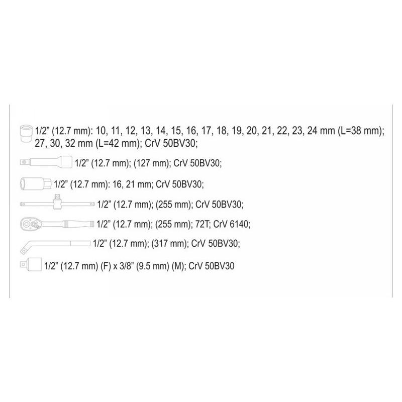 YATO Dugókulcs készlet 25 részes 1/2' 10-32 mm CrV (YT-38741)