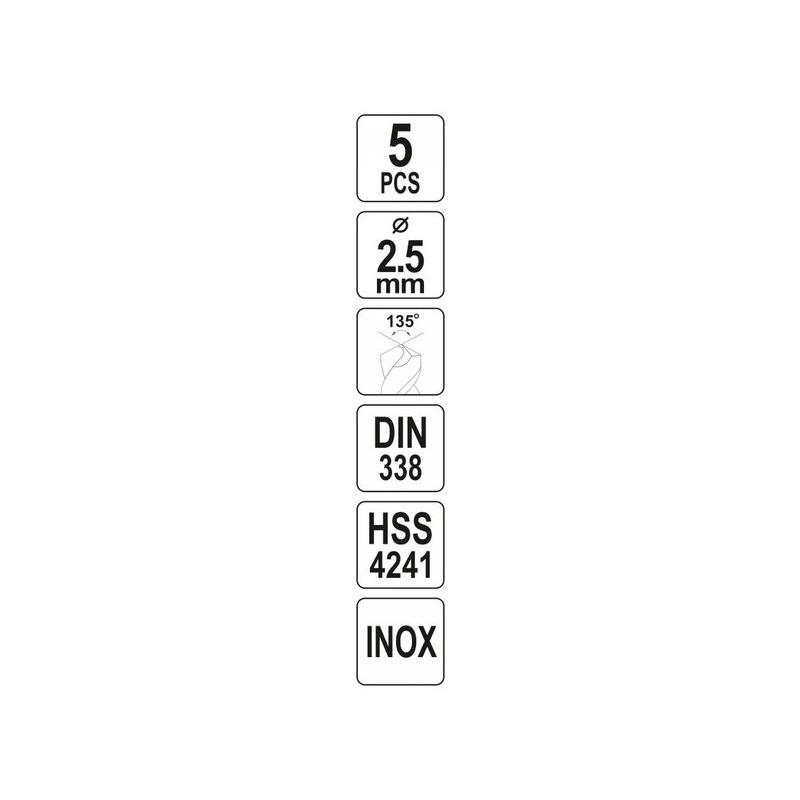 YATO Csigafúró 2,5 x 57/30 mm inox HSS Premium (5 db/cs) (YT-44207)