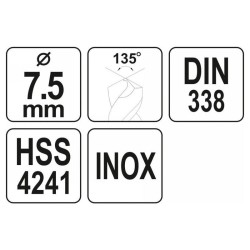 YATO Csigafúró 7,5 x 108/70 mm inox HSS Premium (YT-44225) YATO Csigafúró 7,5 x 108/70 mm inox HSS Premium (YT-44225)