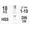 YATO Csigafúró készlet 10 részes 1-10 mm HSS (YT-4461)