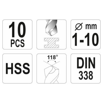YATO Csigafúró készlet 10 részes 1-10 mm HSS (YT-4461)