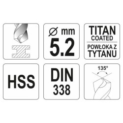 YATO Csigafúró 5,2 x 86/52 mm HSS TiN (YT-44652) YATO Csigafúró 5,2 x 86/52 mm HSS TiN (YT-44652)