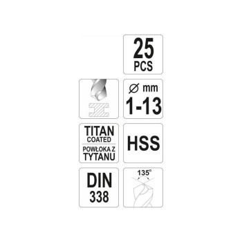 YATO Csigafúró készlet 25 részes 1-13 mm HSS-TiN (YT-44676)