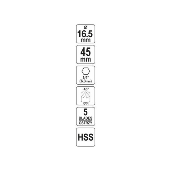 YATO Kúpos süllyesztő fémre 16,5 mm bit befogású HSS (YT-44725) YATO Kúpos süllyesztő fémre 16,5 mm bit befogású HSS (YT-44725)