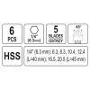 YATO Kúpos süllyesztő készlet fémre 6 részes (6,3-8,3-10,4-12,4-16,5-20,5 mm) bit befogású HSS (YT-44729)