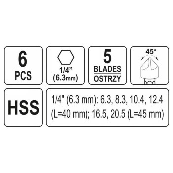 YATO Kúpos süllyesztő készlet fémre 6 részes (6,3-8,3-10,4-12,4-16,5-20,5 mm) bit befogású HSS (YT-44729)