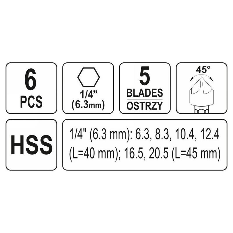 YATO Kúpos süllyesztő készlet fémre 6 részes (6,3-8,3-10,4-12,4-16,5-20,5 mm) bit befogású HSS (YT-44729)