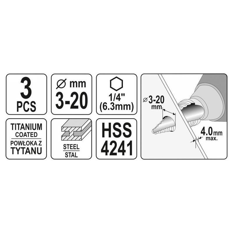 YATO Lépcsős fúró készlet 3 részes HSS titán-nitrid (YT-44731) YATO Lépcsős fúró készlet 3 részes HSS titán-nitrid (YT-44731)