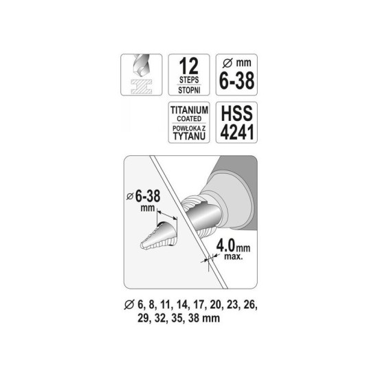 YATO Lépcsős fúró 6-38 mm 12 lépcsős HSS titán-nitrid (YT-44740) YATO Lépcsős fúró 6-38 mm 12 lépcsős HSS titán-nitrid (YT-44740)