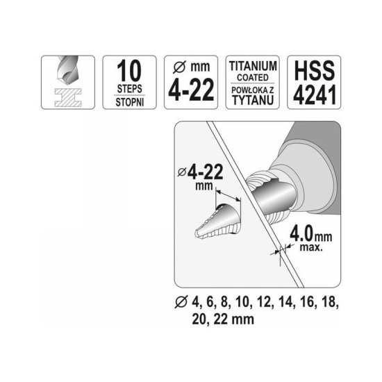 YATO Lépcsős fúró 4-22 mm 10 lépcsős HSS titán-nitrid (YT-44741) YATO Lépcsős fúró 4-22 mm 10 lépcsős HSS titán-nitrid (YT-44741)