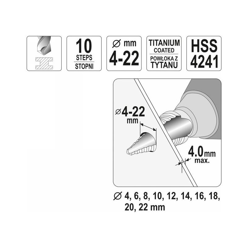 YATO Lépcsős fúró 4-22 mm 10 lépcsős HSS titán-nitrid (YT-44741)