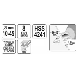 YATO Lépcsős fúró 10-45 mm 8 lépcsős HSS titán-nitrid (YT-44742) YATO Lépcsős fúró 10-45 mm 8 lépcsős HSS titán-nitrid (YT-44742)