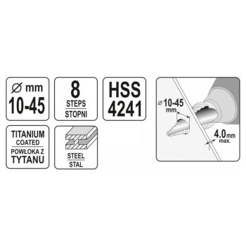 YATO Lépcsős fúró 10-45 mm 8 lépcsős HSS titán-nitrid (YT-44742)