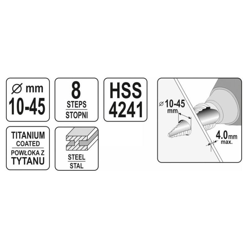 YATO Lépcsős fúró 10-45 mm 8 lépcsős HSS titán-nitrid (YT-44742)