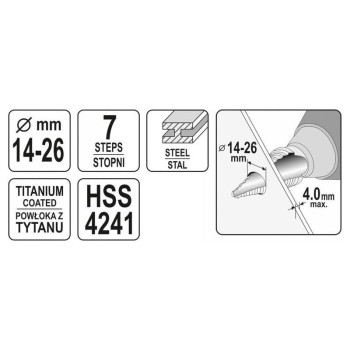 YATO Lépcsős fúró 14-26 mm 7 lépcsős HSS titán-nitrid (YT-44743)