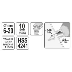 YATO Lépcsős fúró 6-20 mm 10 lépcsős HSS titán-nitrid (YT-44744) YATO Lépcsős fúró 6-20 mm 10 lépcsős HSS titán-nitrid (YT-44744)