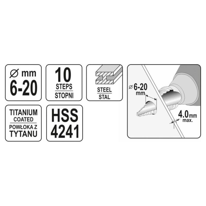 YATO Lépcsős fúró 6-20 mm 10 lépcsős HSS titán-nitrid (YT-44744)