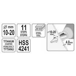 YATO Lépcsős fúró 10-20 mm 11 lépcsős HSS titán-nitrid (YT-44745) YATO Lépcsős fúró 10-20 mm 11 lépcsős HSS titán-nitrid (YT-44745)
