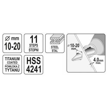 YATO Lépcsős fúró 10-20 mm 11 lépcsős HSS titán-nitrid (YT-44745) YATO Lépcsős fúró 10-20 mm 11 lépcsős HSS titán-nitrid (YT-44745)