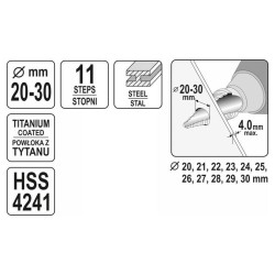YATO Lépcsős fúró 20-30 mm 11 lépcsős HSS titán-nitrid (YT-44747) YATO Lépcsős fúró 20-30 mm 11 lépcsős HSS titán-nitrid (YT-44747)