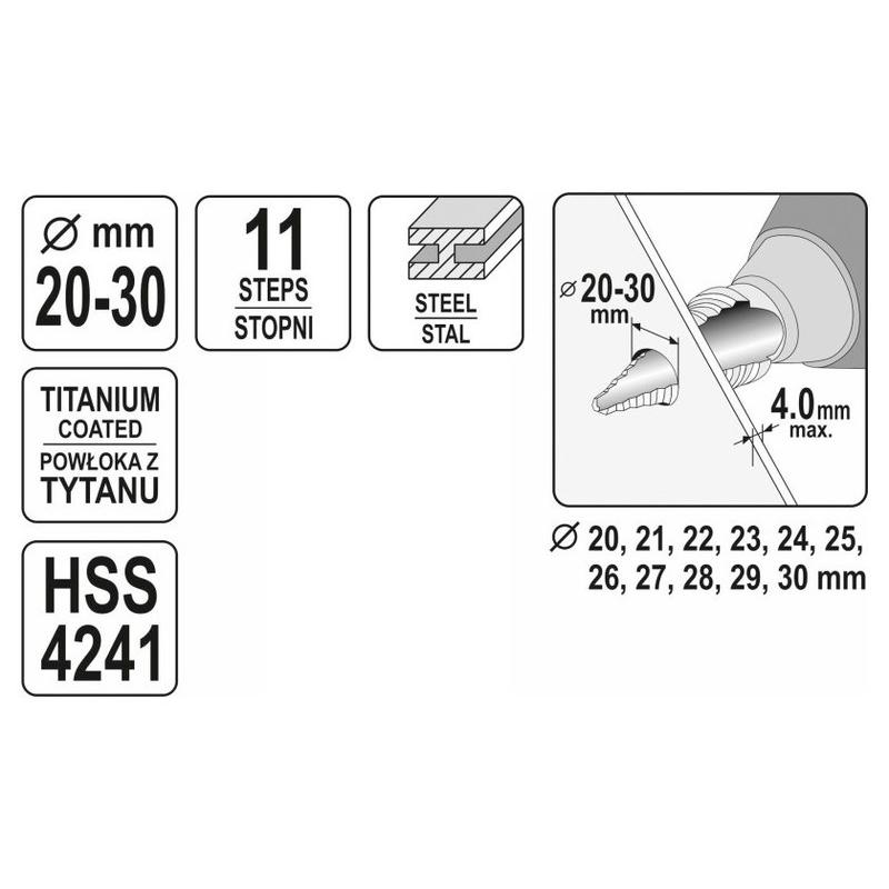 YATO Lépcsős fúró 20-30 mm 11 lépcsős HSS titán-nitrid (YT-44747)