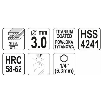 YATO Fém marófúró 3,0 x 70 mm bit befogású HSS-TiN (YT-44820)