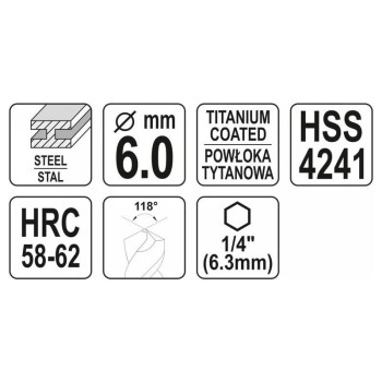 YATO Fém marófúró 6,0 x 89 mm bit befogású HSS-TiN (YT-44823) YATO Fém marófúró 6,0 x 89 mm bit befogású HSS-TiN (YT-44823)