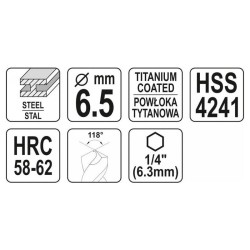 YATO Fém marófúró 6,5 x 89 mm bit befogású HSS-TiN (YT-44824) YATO Fém marófúró 6,5 x 89 mm bit befogású HSS-TiN (YT-44824)