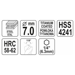 YATO Fém marófúró 7,0 x 92 mm bit befogású HSS-TiN (YT-44825) YATO Fém marófúró 7,0 x 92 mm bit befogású HSS-TiN (YT-44825)
