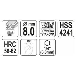 YATO Fém marófúró 8,0 x 99 mm bit befogású HSS-TiN (YT-44826) YATO Fém marófúró 8,0 x 99 mm bit befogású HSS-TiN (YT-44826)
