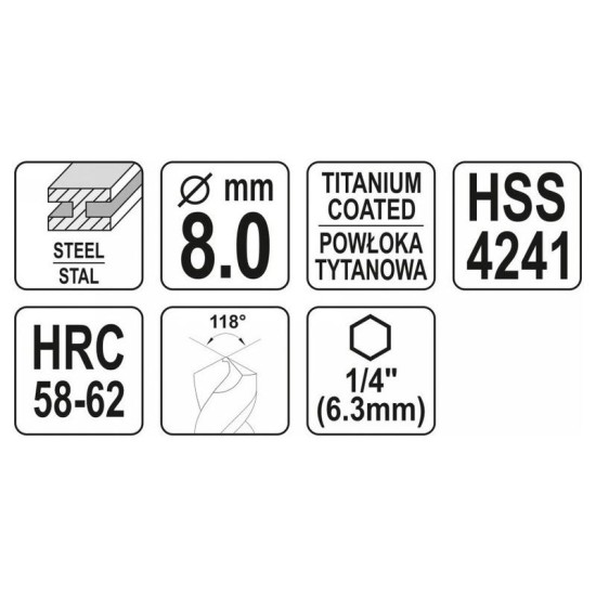 YATO Fém marófúró 8,0 x 99 mm bit befogású HSS-TiN (YT-44826) YATO Fém marófúró 8,0 x 99 mm bit befogású HSS-TiN (YT-44826)