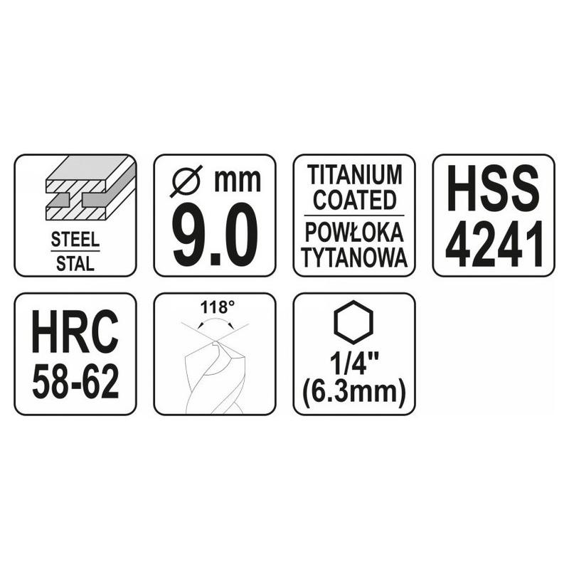 YATO Fém marófúró 9,0 x 102 mm bit befogású HSS-TiN (YT-44827)