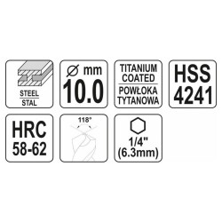 YATO Fém marófúró 10,0 x 105 mm bit befogású HSS-TiN (YT-44828) YATO Fém marófúró 10,0 x 105 mm bit befogású HSS-TiN (YT-44828)