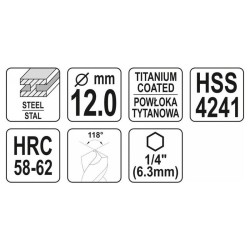 YATO Fém marófúró 12,0 x 115 mm bit befogású HSS-TiN (YT-44830) YATO Fém marófúró 12,0 x 115 mm bit befogású HSS-TiN (YT-44830)