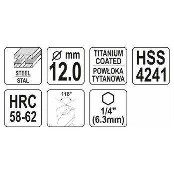 YATO Fém marófúró 12,0 x 115 mm bit befogású HSS-TiN (YT-44830)