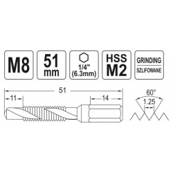 YATO Kombinált gépi fúró-menetfúró M8 bit befogású (YT-44845) YATO Kombinált gépi fúró-menetfúró M8 bit befogású (YT-44845)