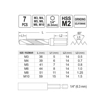 YATO Kombinált gépi fúró-menetfúró készlet 7 részes bit befogású (M3-M4-M5-M6-M8-M10) (YT-44849)