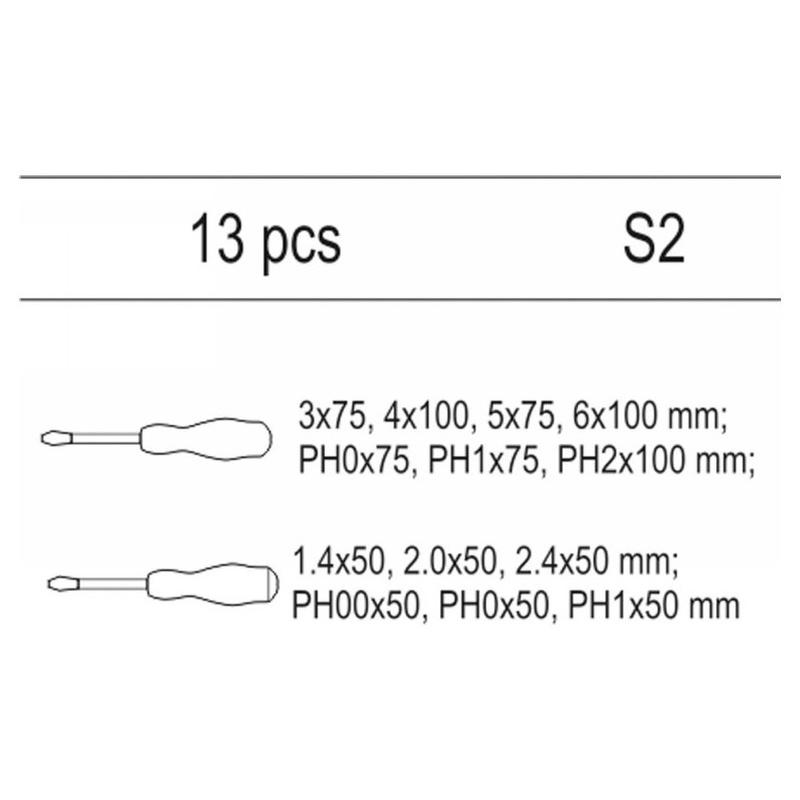 YATO Csavarhúzó készlet 13 részes S2 (fiókbetét) (YT-55455)