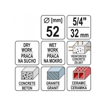 YATO YT-60373 gyémánt fúrókorona 52 mm, 430 mm hosszúságú, 5/4'' befogással YATO YT-60373 gyémánt fúrókorona 52 mm, 430 mm hosszúságú, 5/4'' befogással