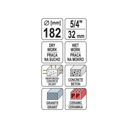 YATO YT-60379 gyémánt fúrókorona 182 mm, 430 mm hosszúság, 5/4'' befogás YATO YT-60379 gyémánt fúrókorona 182 mm, 430 mm hosszúság, 5/4'' befogás