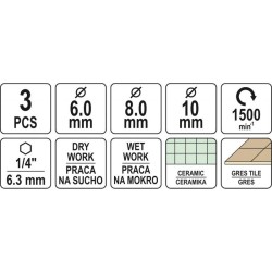 YATO Gyémánt körkivágó készlet 3 részes 6, 8, 10 mm vizes/száraz bitbefogású (YT-60409) YATO Gyémánt körkivágó készlet 3 részes 6, 8, 10 mm vizes/száraz bitbefogású (YT-60409)